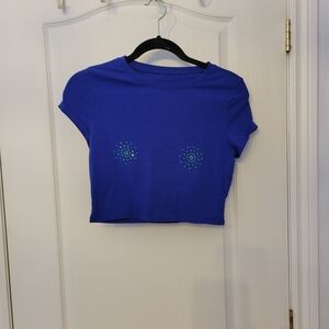Blue Crop Top with Rhinestone Detail